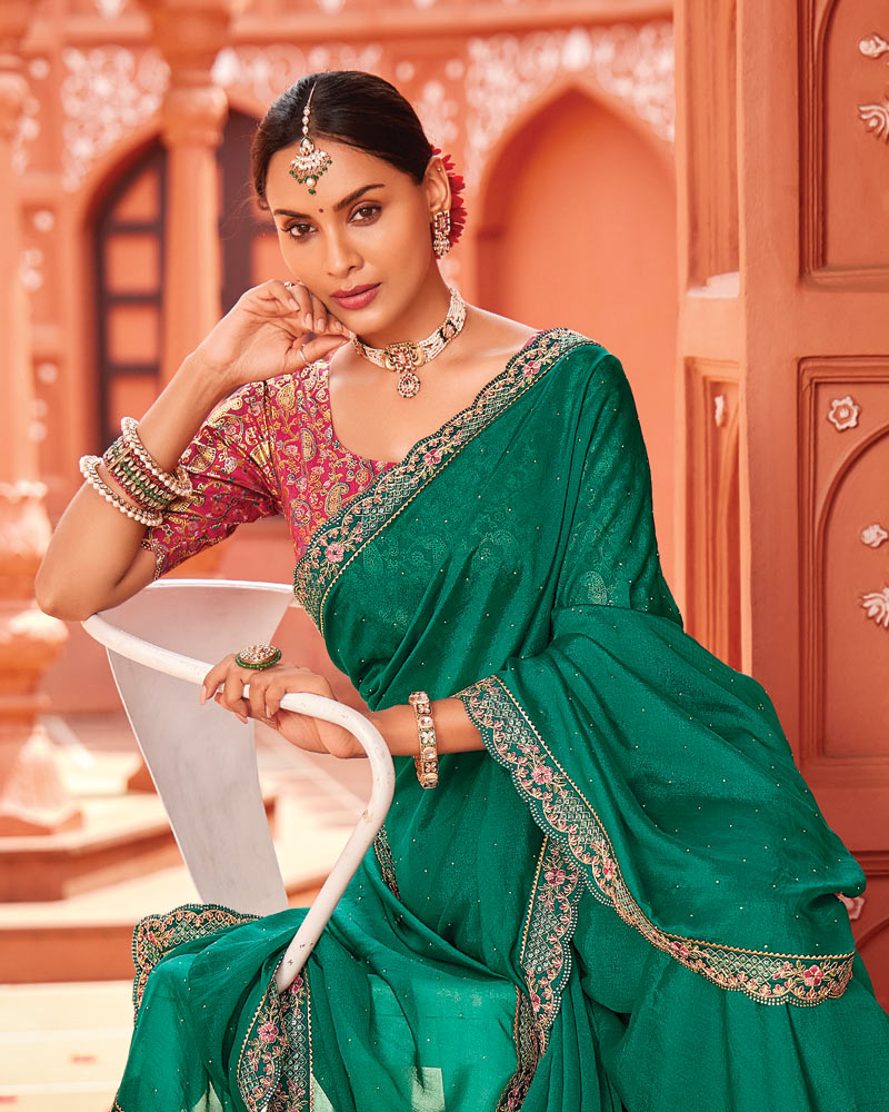 Vishal Prints Tropical Green Designer Art Silk Saree With Diamond Work And Cut Work Embroidery Border
