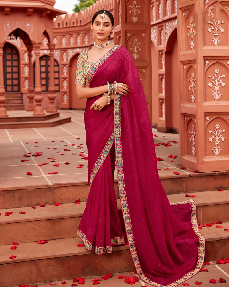 Vishal Prints Purplish Red Designer Art Silk Saree With Diamond Work And Cut Work Embroidery Border