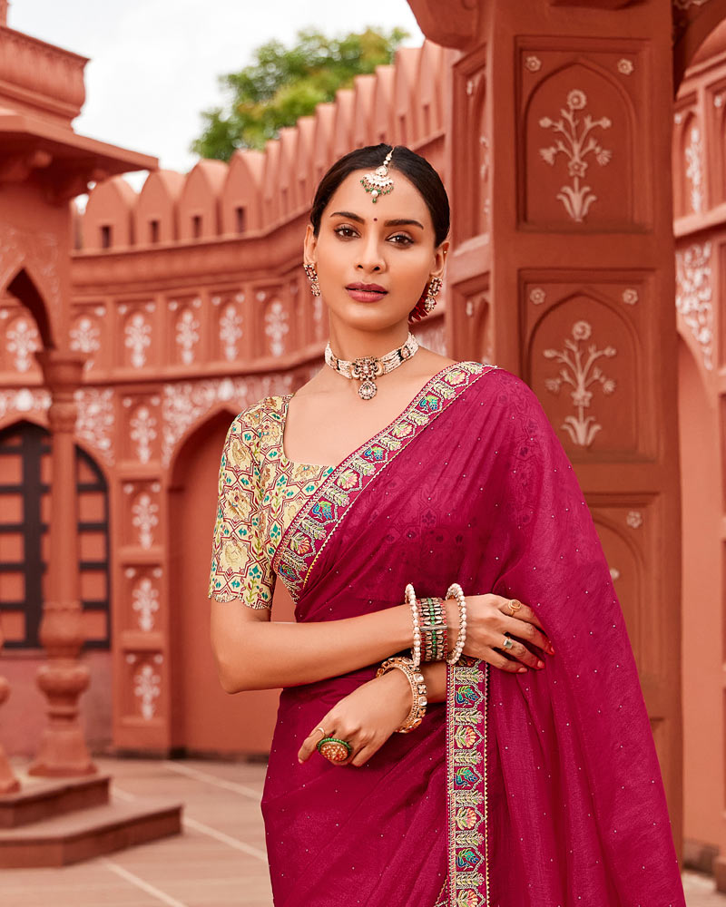 Vishal Prints Purplish Red Designer Art Silk Saree With Diamond Work And Cut Work Embroidery Border