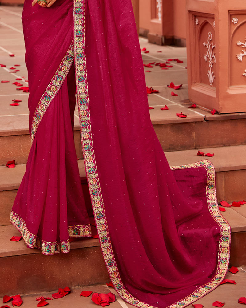Vishal Prints Purplish Red Designer Art Silk Saree With Diamond Work And Cut Work Embroidery Border