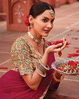 Vishal Prints Purplish Red Designer Art Silk Saree With Diamond Work And Cut Work Embroidery Border