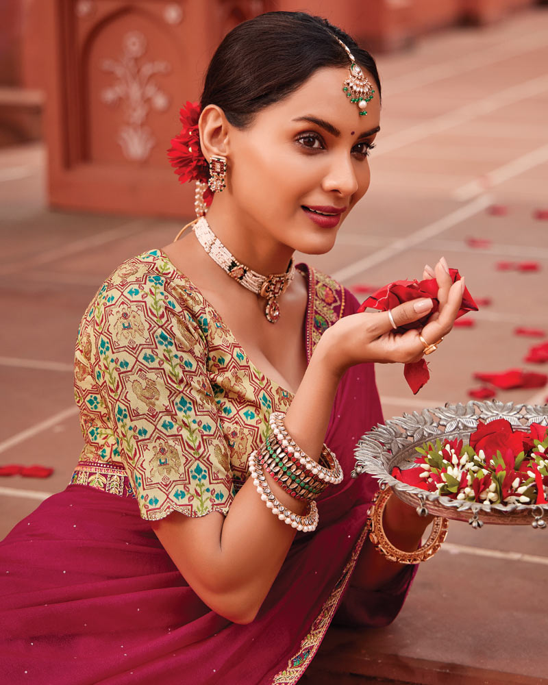 Vishal Prints Purplish Red Designer Art Silk Saree With Diamond Work And Cut Work Embroidery Border