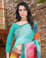 Vishal Prints Dark Turquoise Blue Digital Print Georgette Saree