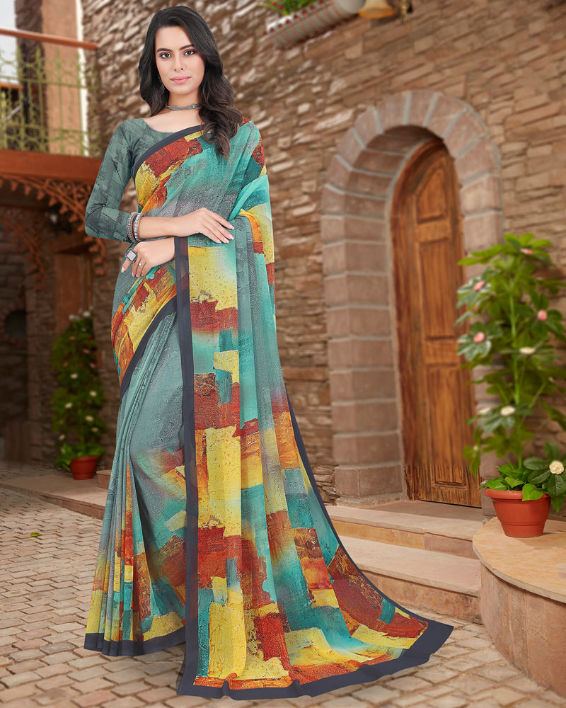 Vishal Prints Pastel Teal Green Digital Print Georgette Saree