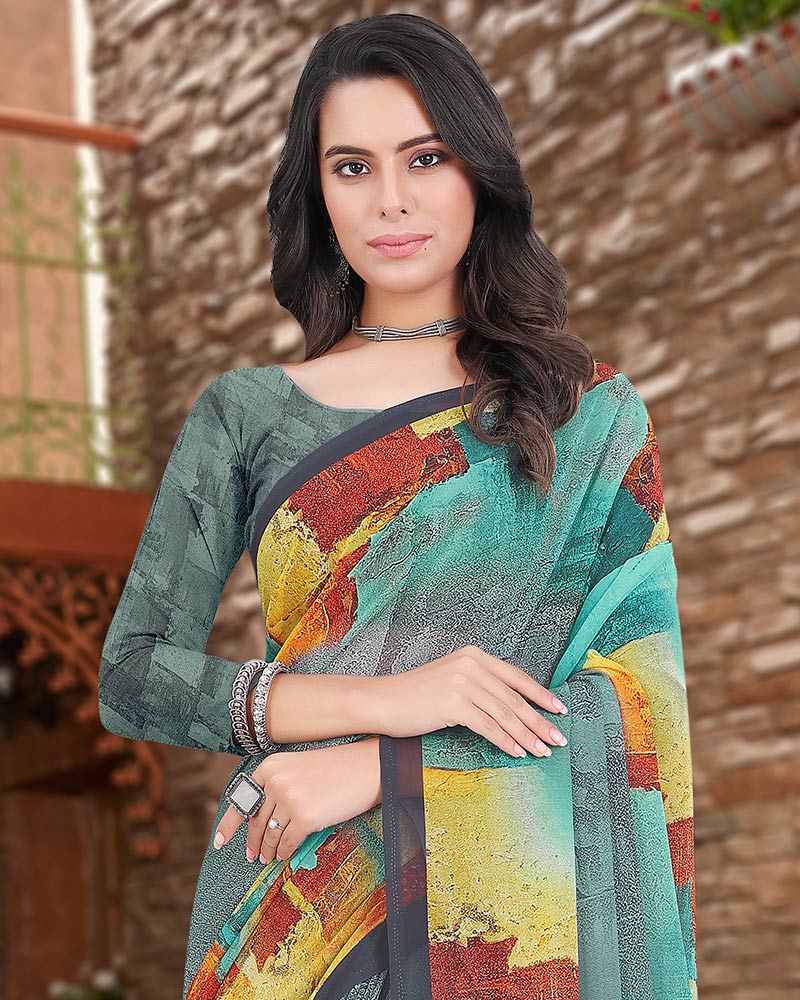 Vishal Prints Pastel Teal Green Digital Print Georgette Saree