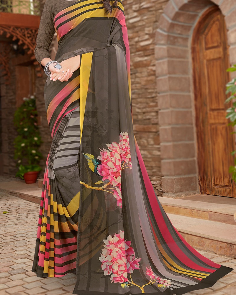 Vishal Prints Dark Grey Digital Print Georgette Saree