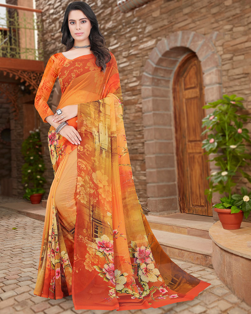 Vishal Prints Dark Orange Digital Print Georgette Saree