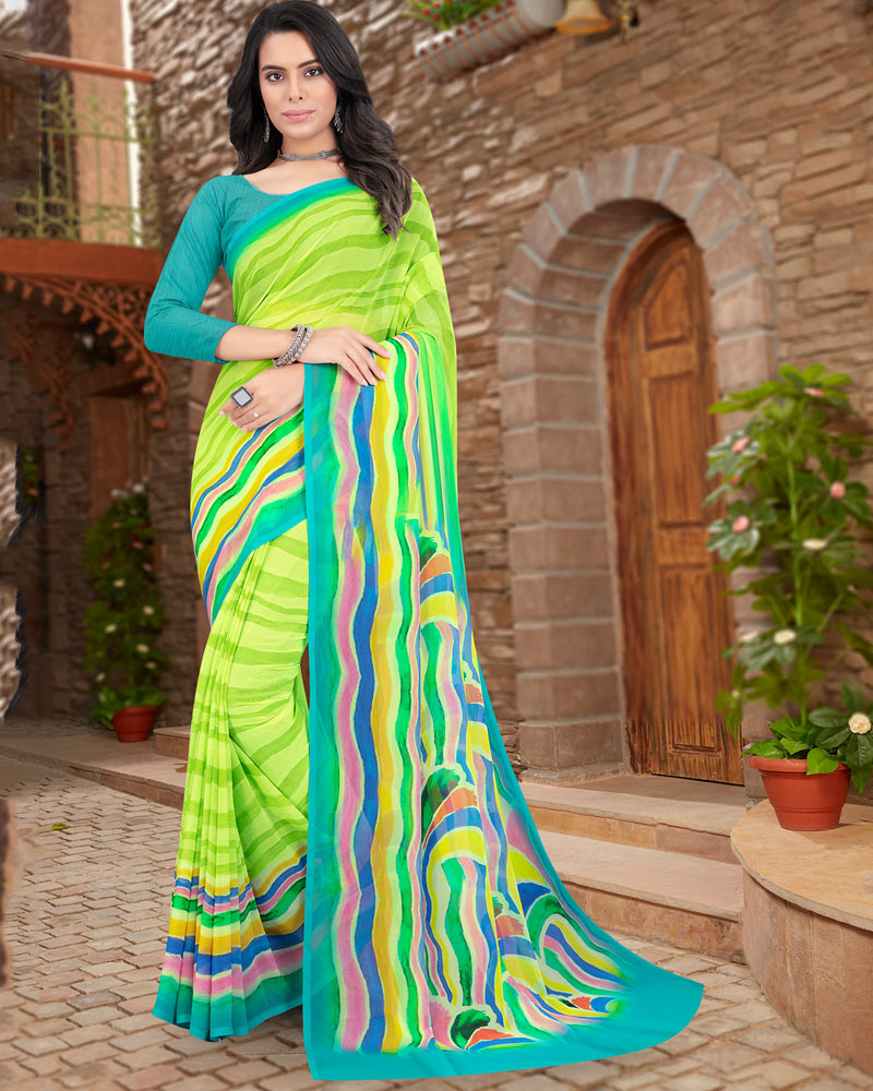Vishal Prints Lime Green Digital Print Georgette Saree