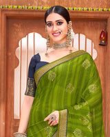 Vishal Prints Olive Green Chiffon Saree With Foil Print And Zari Border