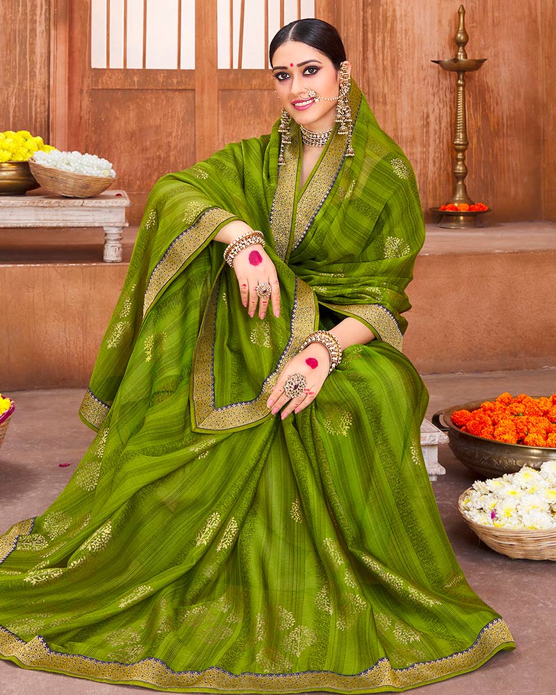 Vishal Prints Olive Green Chiffon Saree With Foil Print And Zari Border