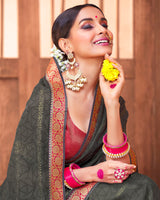 Vishal Prints Grey Chiffon Saree With Foil Print And Zari Border