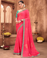 Vishal Prints Pastel Red Chiffon Saree With Foil Print And Zari Border