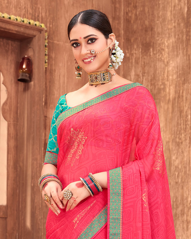 Vishal Prints Pastel Red Chiffon Saree With Foil Print And Zari Border