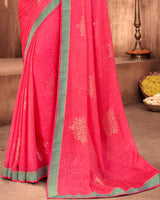 Vishal Prints Pastel Red Chiffon Saree With Foil Print And Zari Border