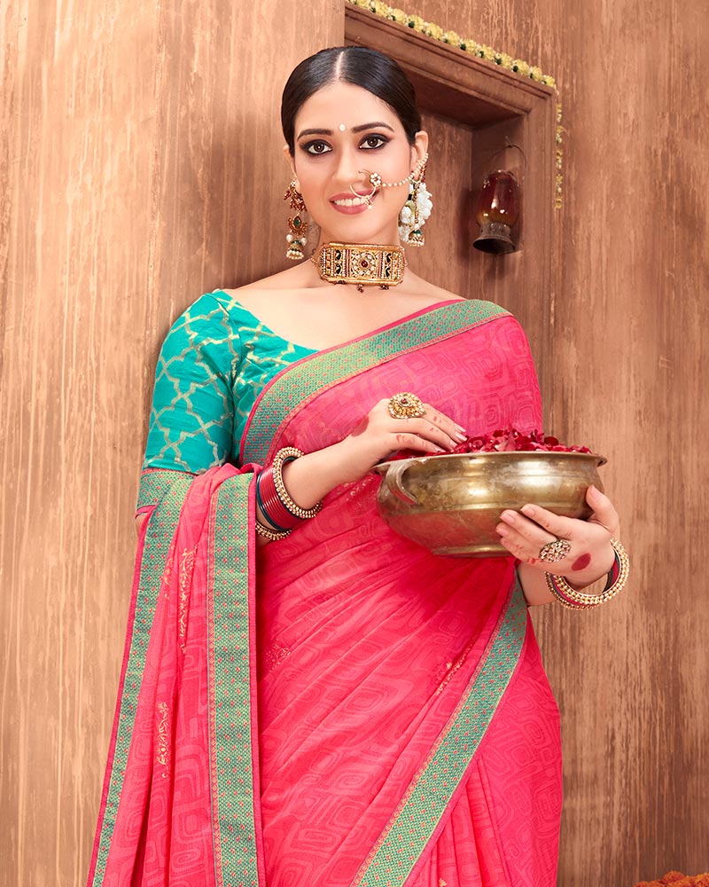 Vishal Prints Pastel Red Chiffon Saree With Foil Print And Zari Border