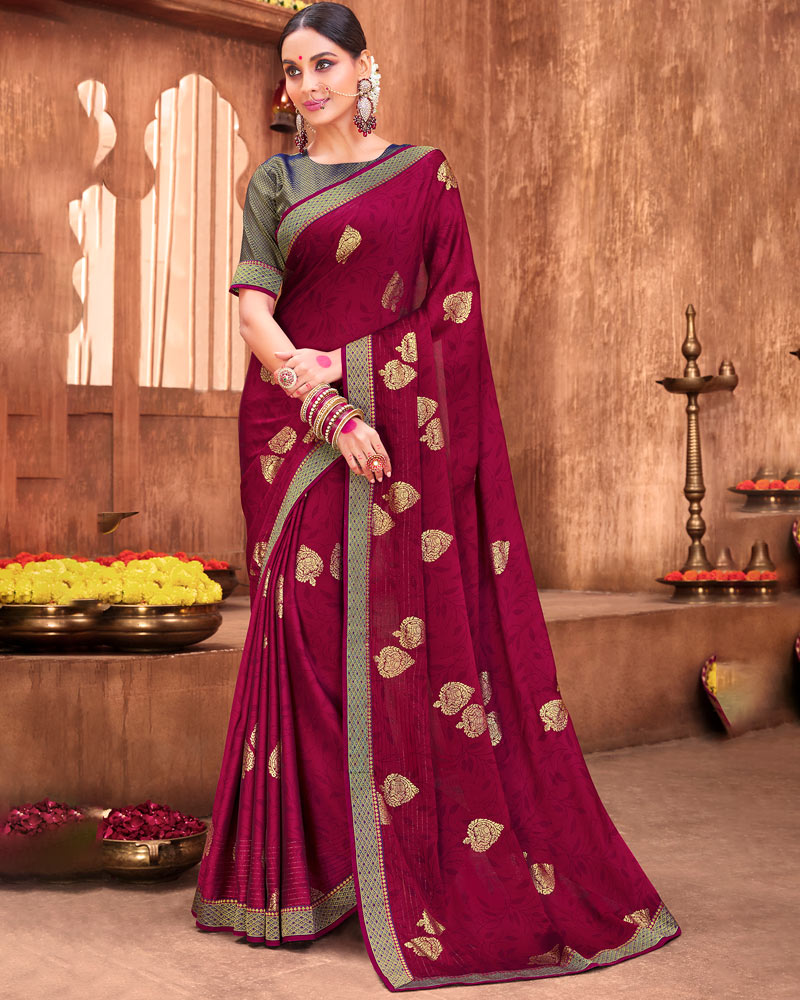 Vishal Prints Maroon Chiffon Saree With Foil Print And Zari Border