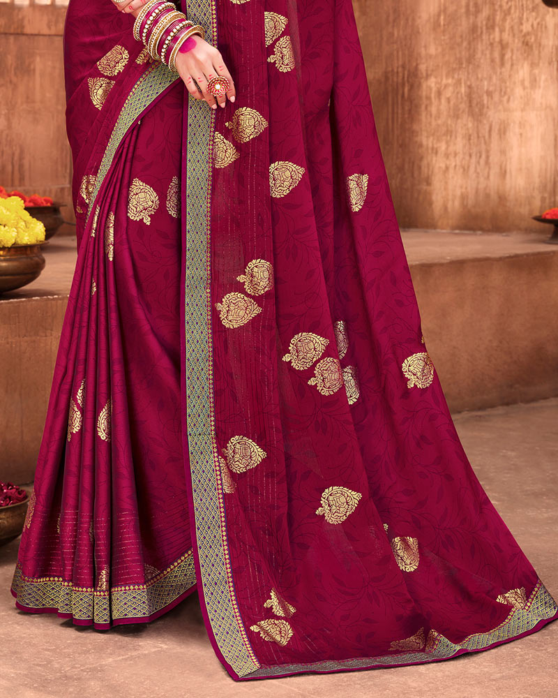 Vishal Prints Maroon Chiffon Saree With Foil Print And Zari Border