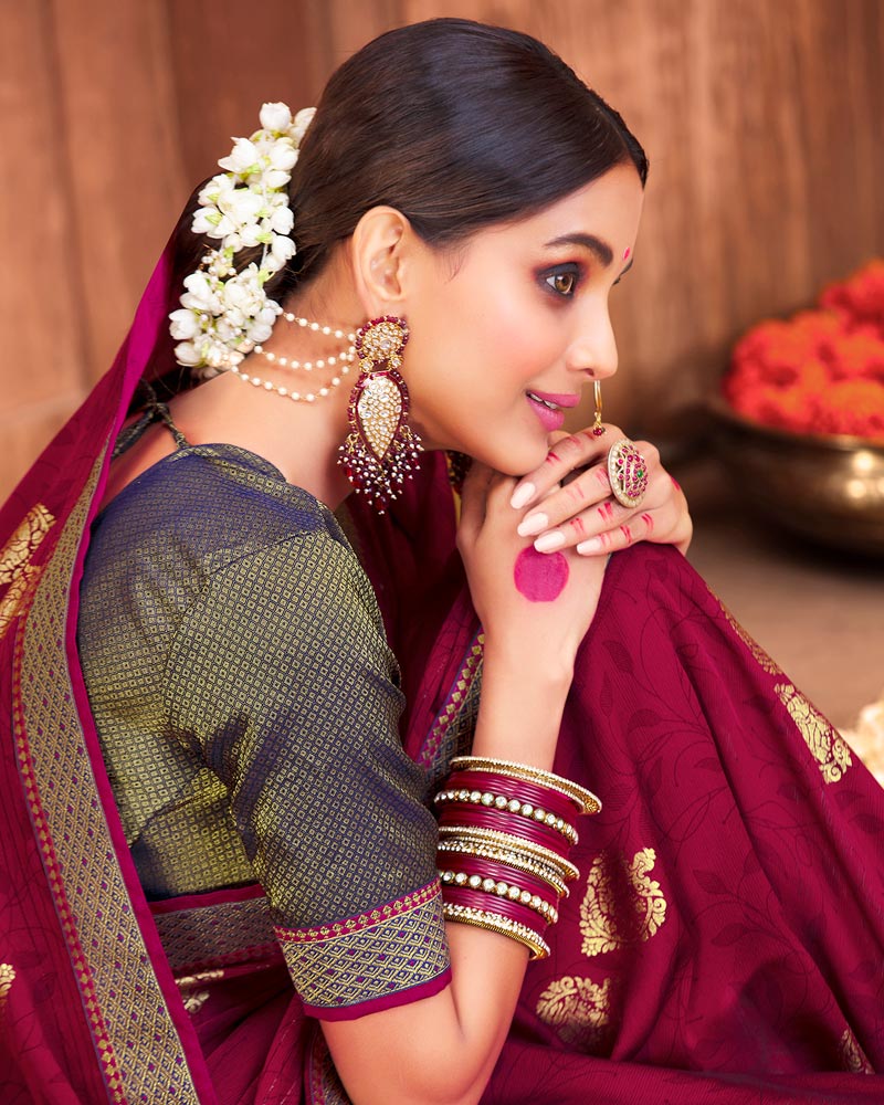 Vishal Prints Maroon Chiffon Saree With Foil Print And Zari Border