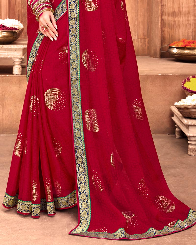 Vishal Prints Wine Red Chiffon Saree With Foil Print And Zari Border