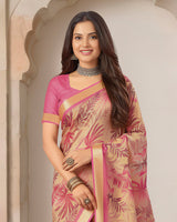Vishal Prints Pinkish Tan Printed Shimmer Moss Digital Print Saree With Weaved Viscose Patta