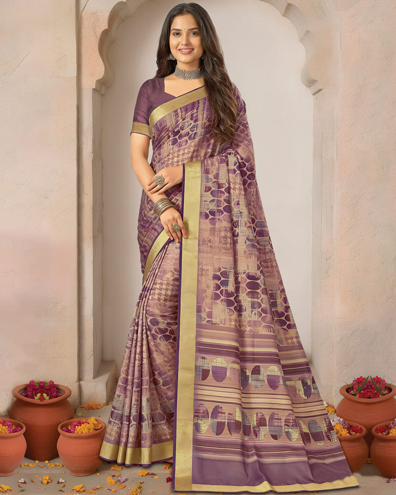 Vishal Prints Dusty Purple Printed Shimmer Moss Digital Print Saree With Weaved Viscose Patta