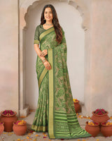 Vishal Prints Fern Green Printed Shimmer Moss Digital Print Saree With Weaved Viscose Patta