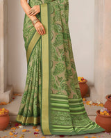 Vishal Prints Fern Green Printed Shimmer Moss Digital Print Saree With Weaved Viscose Patta