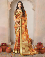 Vishal Prints Multi Orange Printed Shimmer Moss Digital Print Saree With Weaved Viscose Patta