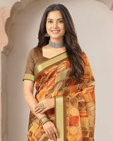 Vishal Prints Multi Orange Printed Shimmer Moss Digital Print Saree With Weaved Viscose Patta