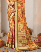 Vishal Prints Multi Orange Printed Shimmer Moss Digital Print Saree With Weaved Viscose Patta