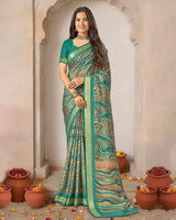 Vishal Prints Dusty Teal Green Printed Shimmer Moss Digital Print Saree With Weaved Viscose Patta