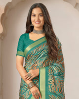 Vishal Prints Dusty Teal Green Printed Shimmer Moss Digital Print Saree With Weaved Viscose Patta