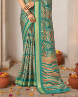 Vishal Prints Dusty Teal Green Printed Shimmer Moss Digital Print Saree With Weaved Viscose Patta