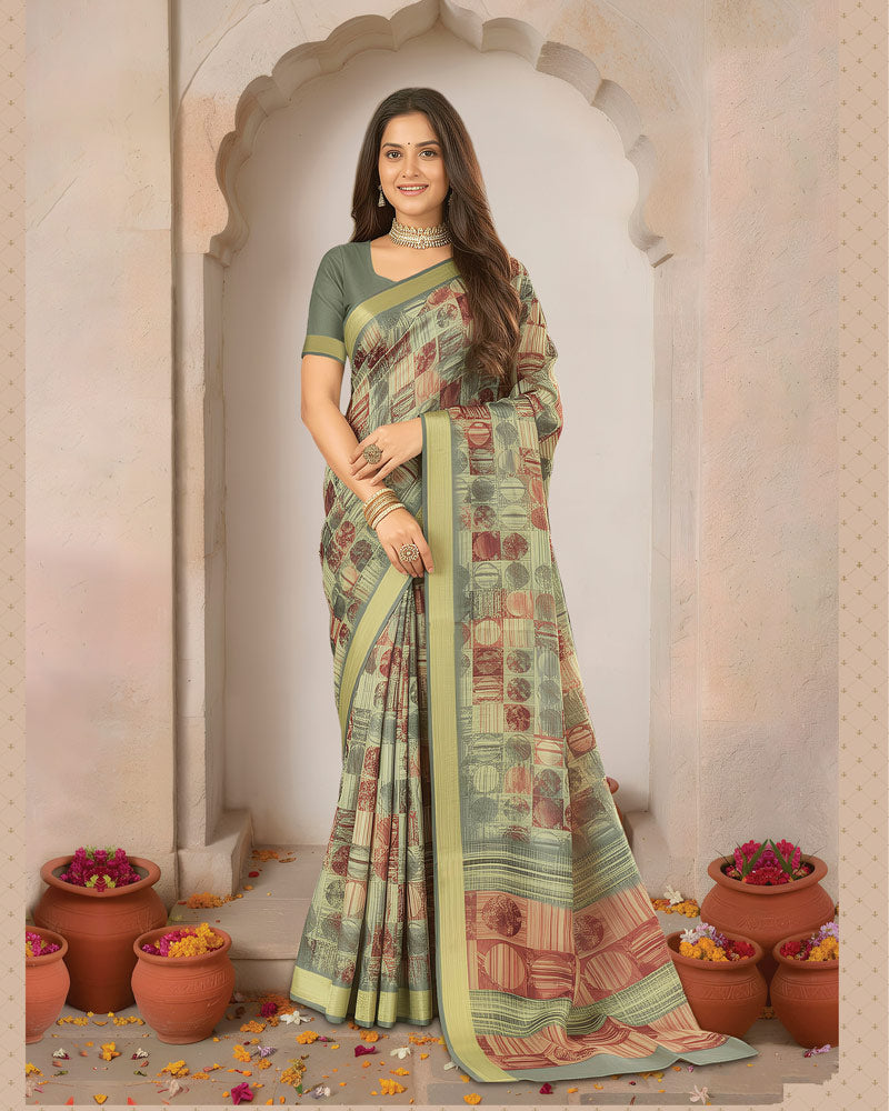 Vishal Prints Greyish Green Printed Shimmer Moss Digital Print Saree With Weaved Viscose Patta