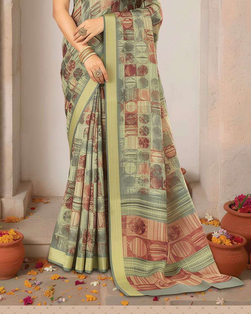 Vishal Prints Greyish Green Printed Shimmer Moss Digital Print Saree With Weaved Viscose Patta