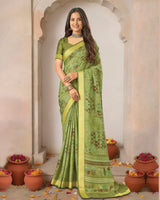 Vishal Prints Khaki Green Printed Shimmer Moss Digital Print Saree With Weaved Viscose Patta