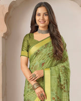 Vishal Prints Khaki Green Printed Shimmer Moss Digital Print Saree With Weaved Viscose Patta