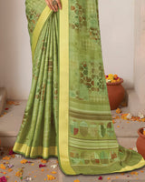 Vishal Prints Khaki Green Printed Shimmer Moss Digital Print Saree With Weaved Viscose Patta
