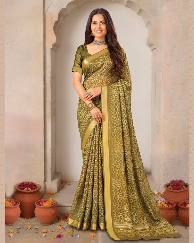Vishal Prints Sandy Brown Printed Shimmer Moss Digital Print Saree With Weaved Viscose Patta