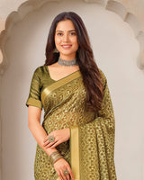 Vishal Prints Sandy Brown Printed Shimmer Moss Digital Print Saree With Weaved Viscose Patta