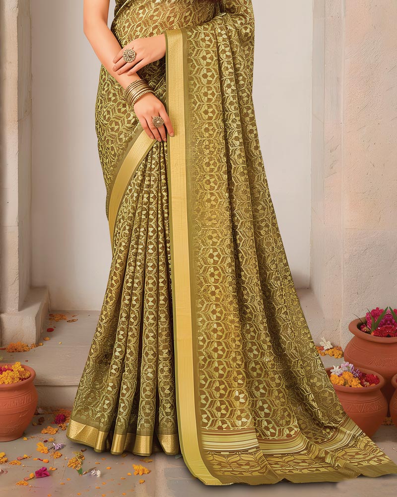 Vishal Prints Sandy Brown Printed Shimmer Moss Digital Print Saree With Weaved Viscose Patta