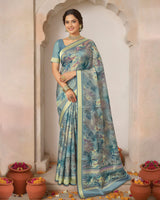 Vishal Prints Bluish Grey Printed Shimmer Moss Digital Print Saree With Weaved Viscose Patta