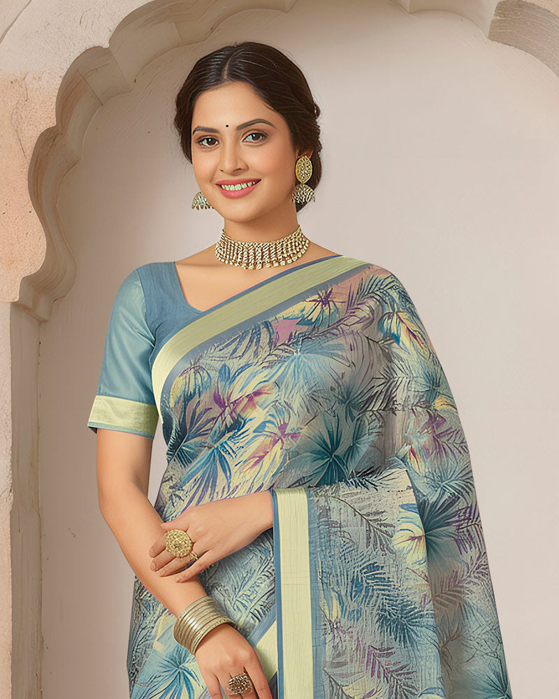 Vishal Prints Bluish Grey Printed Shimmer Moss Digital Print Saree With Weaved Viscose Patta