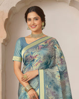 Vishal Prints Bluish Grey Printed Shimmer Moss Digital Print Saree With Weaved Viscose Patta