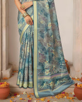 Vishal Prints Bluish Grey Printed Shimmer Moss Digital Print Saree With Weaved Viscose Patta