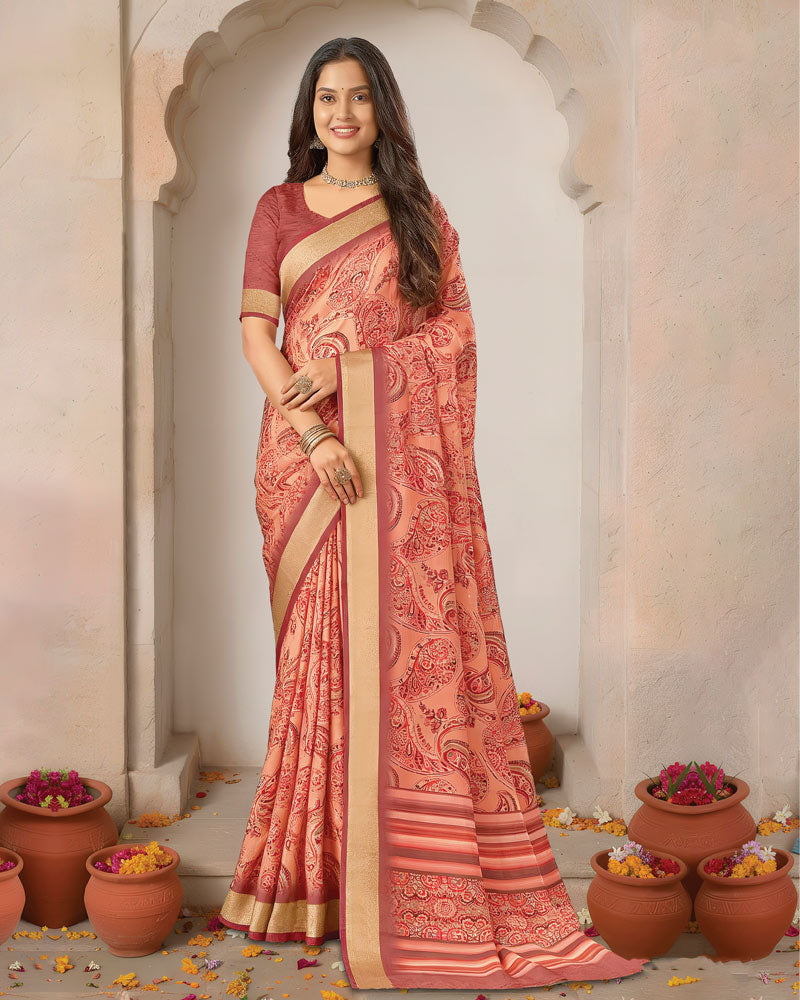 Vishal Prints Dark Salmon Orange Printed Shimmer Moss Digital Print Saree With Weaved Viscose Patta