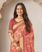 Vishal Prints Dark Salmon Orange Printed Shimmer Moss Digital Print Saree With Weaved Viscose Patta