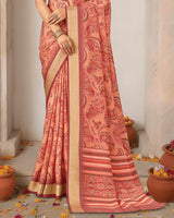 Vishal Prints Dark Salmon Orange Printed Shimmer Moss Digital Print Saree With Weaved Viscose Patta