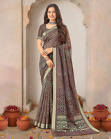 Vishal Prints Purplish Brown Printed Shimmer Moss Digital Print Saree With Weaved Viscose Patta