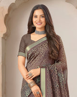 Vishal Prints Purplish Brown Printed Shimmer Moss Digital Print Saree With Weaved Viscose Patta